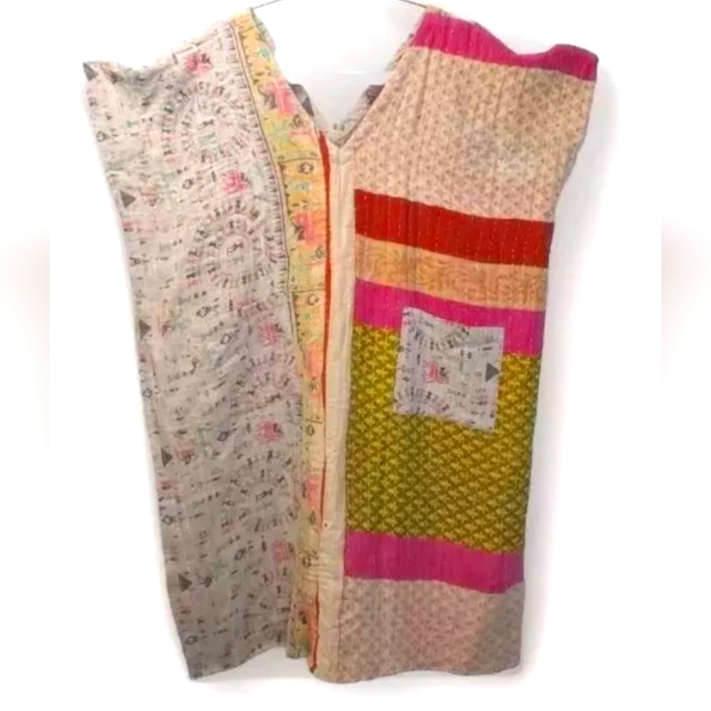 Kantha Patchwork Kimono Tunic Poncho Top Colorful Patch Pockets Woman One Sz #H